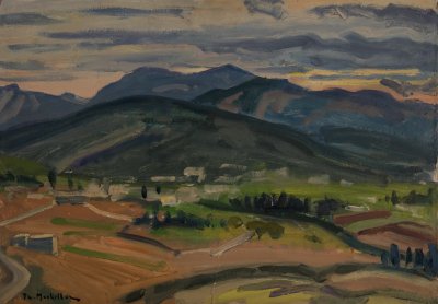 Dusk, Attica towards Kapandriti — Oil painting, Fiberboard, 46.00×65.00cm — Theodoros Markellos